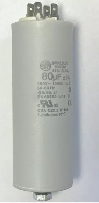80uF MOTOR RUN CAPACITOR WITH PLASTIC CASE.DOUBLE 6.3MM TERMINALS & STUD