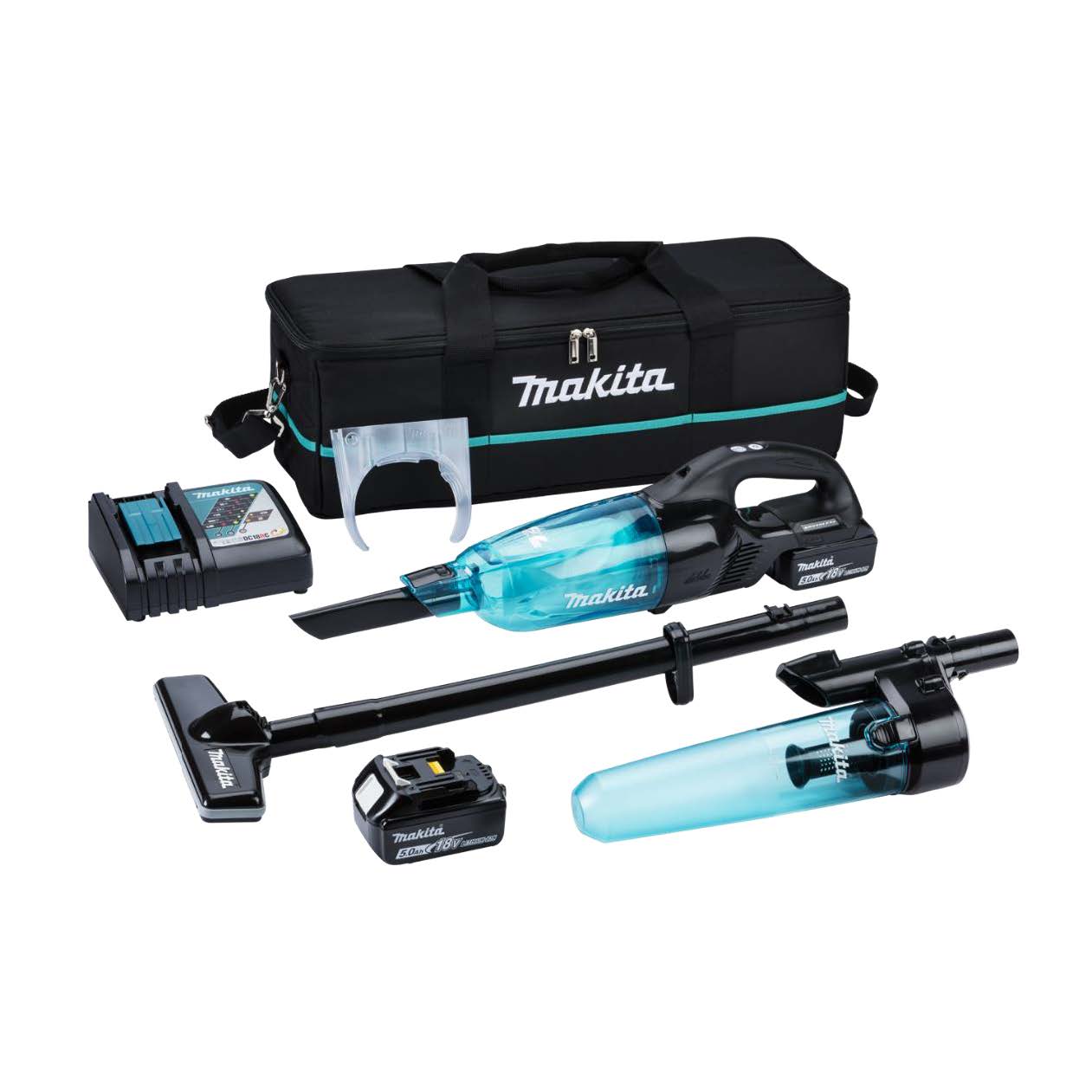 Makita - DCL284TBX5 - 18V Brushless Vacuum Cleaner (Clear Blue/Black) - Promo Kit C/w 2 x5AH batts, DC18RC Charger , Wall Bracket, Cyclone attachment and Tool Carry Bag