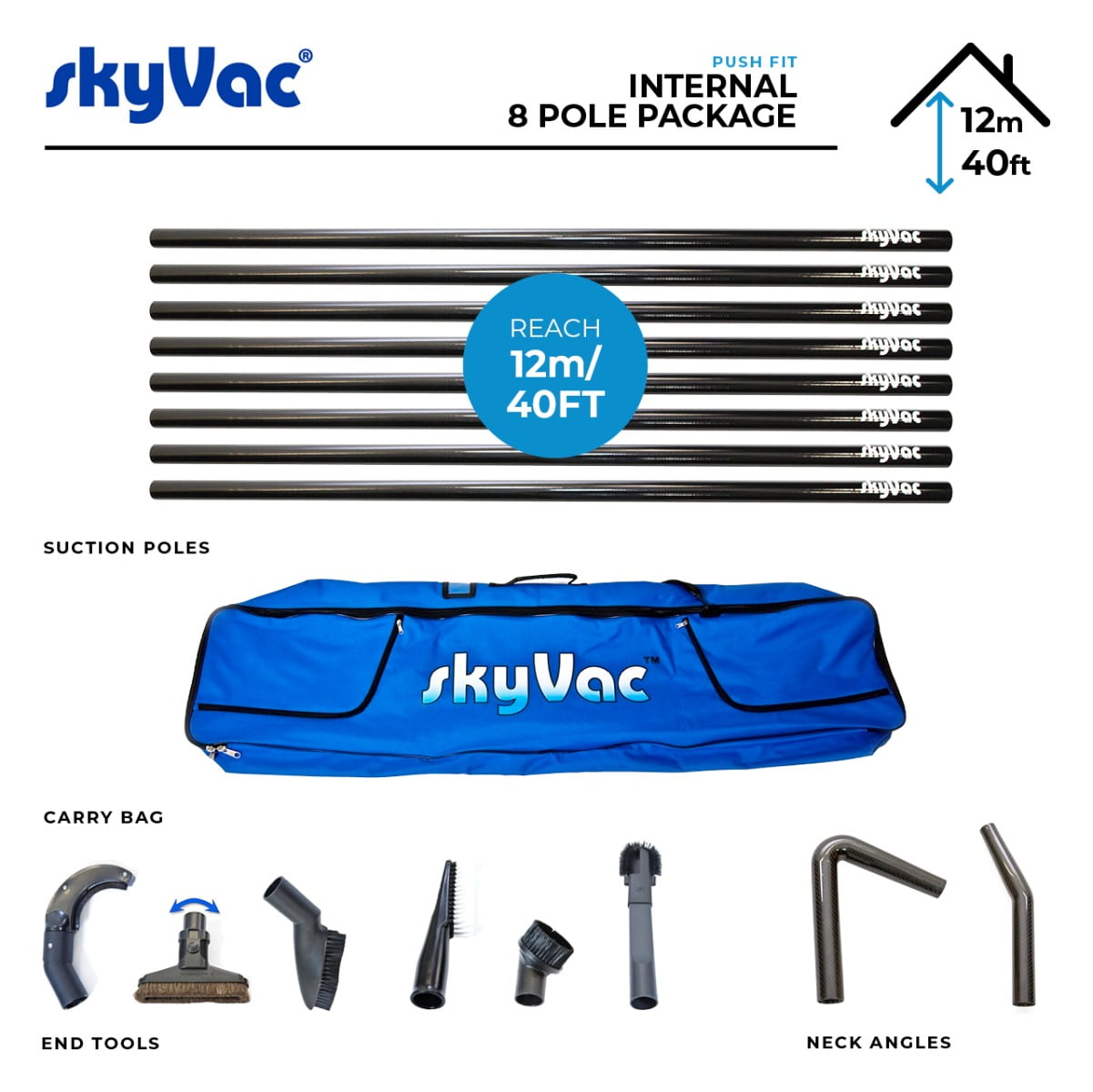 SkyVac Internal Suction 8 Pole Set - 44mm - (12m/ 40ft)