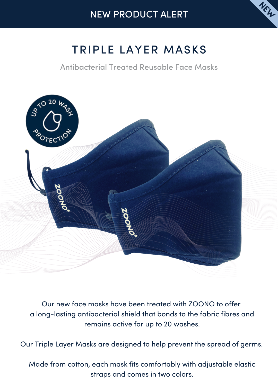 Zoono Fabricshield Triple Layer, Reusable Face Mask with antibacterial micro shield coating- pack of 2